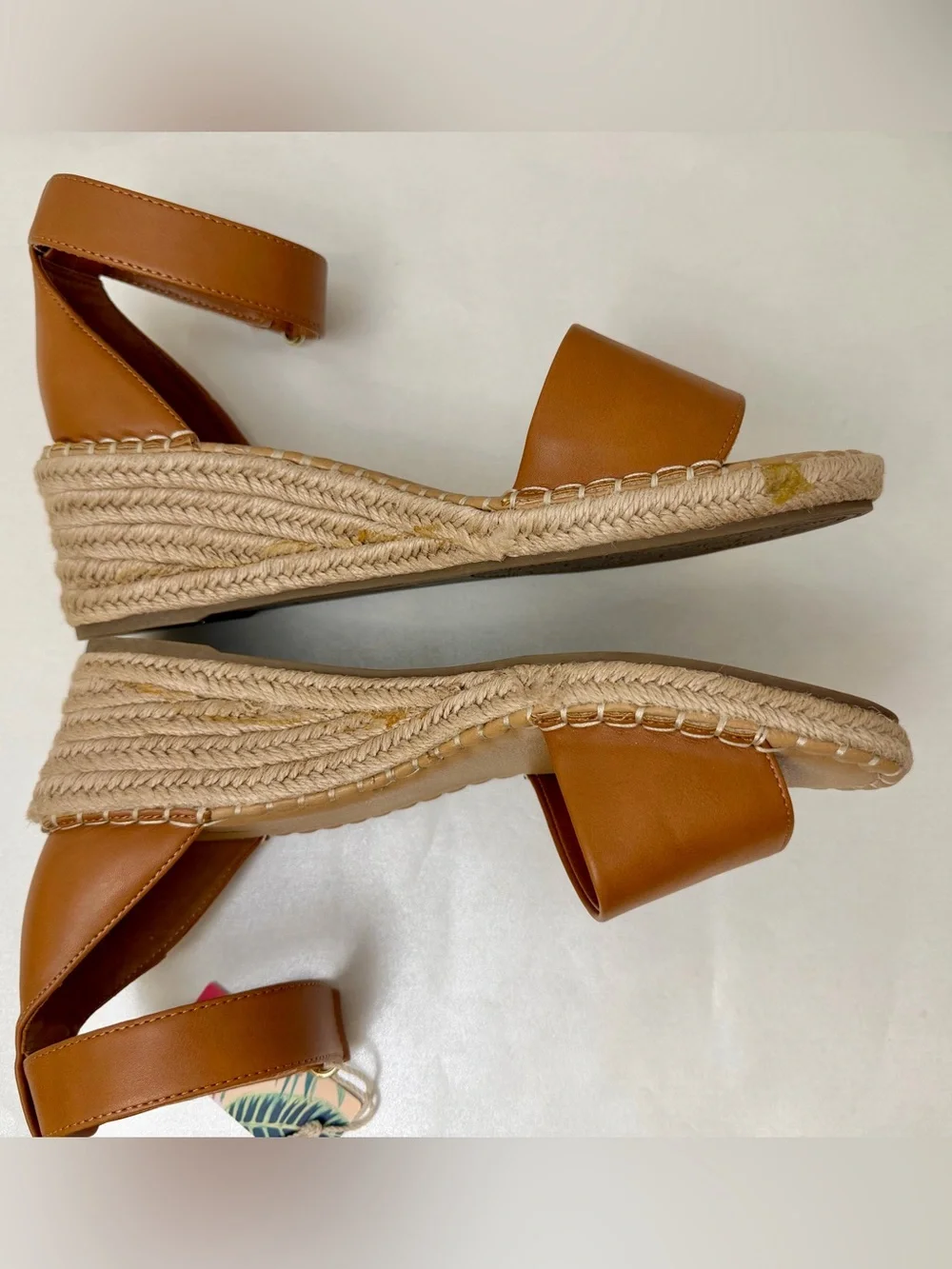 Tommy Bahama Cognac Leather Espadrille Wedges with Ankle Strap